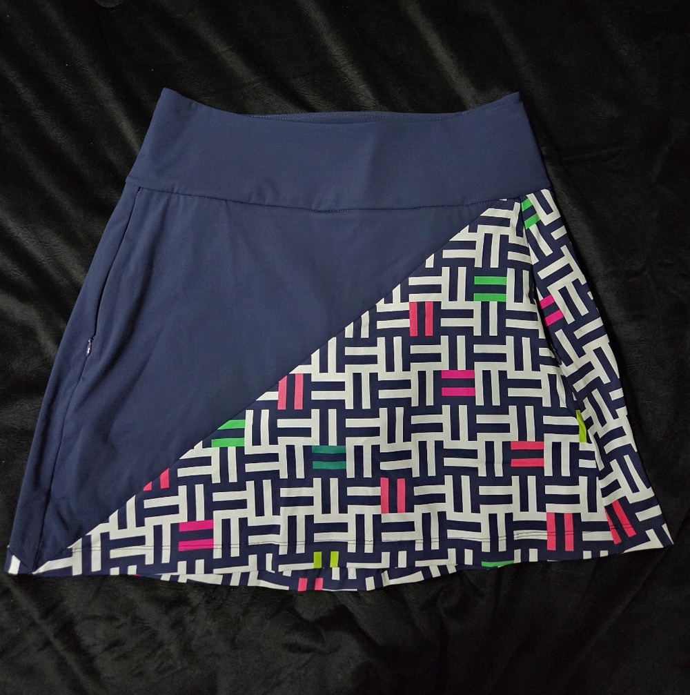 Kinona Asymmetrical Navy Skirt with Geometric Pattern